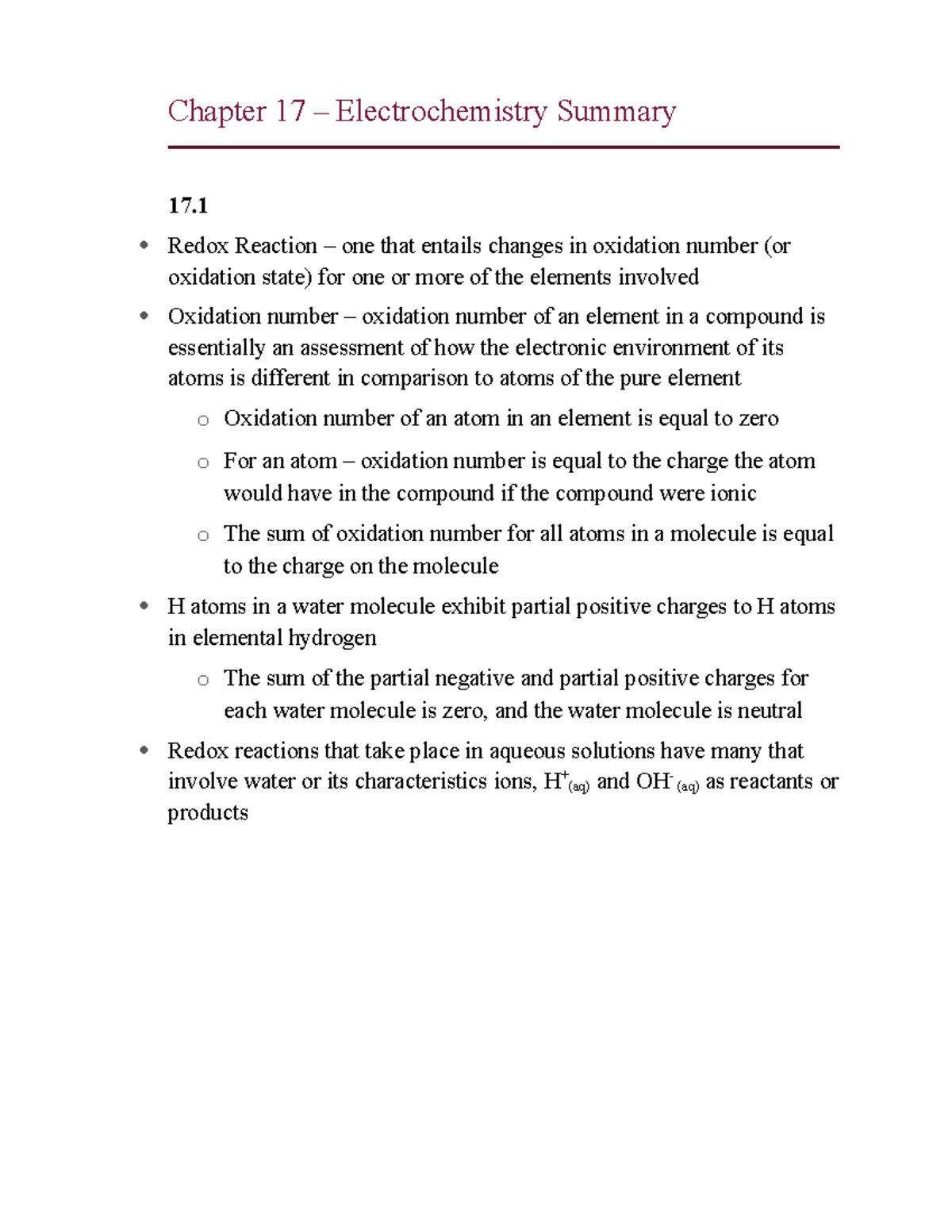 Chapter 17 Electrochemistry Summary Chapter 17 Electrochemistry
