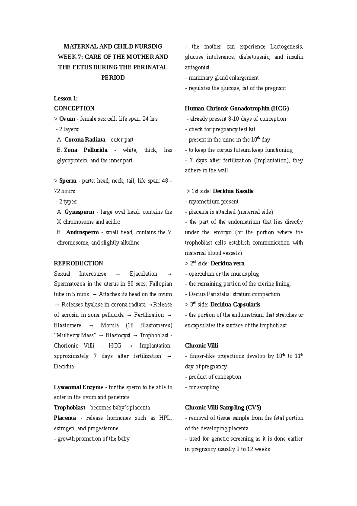 Reviewer IN MCN Midterm MATERNAL AND CHILD NURSING WEEK 7 CARE OF