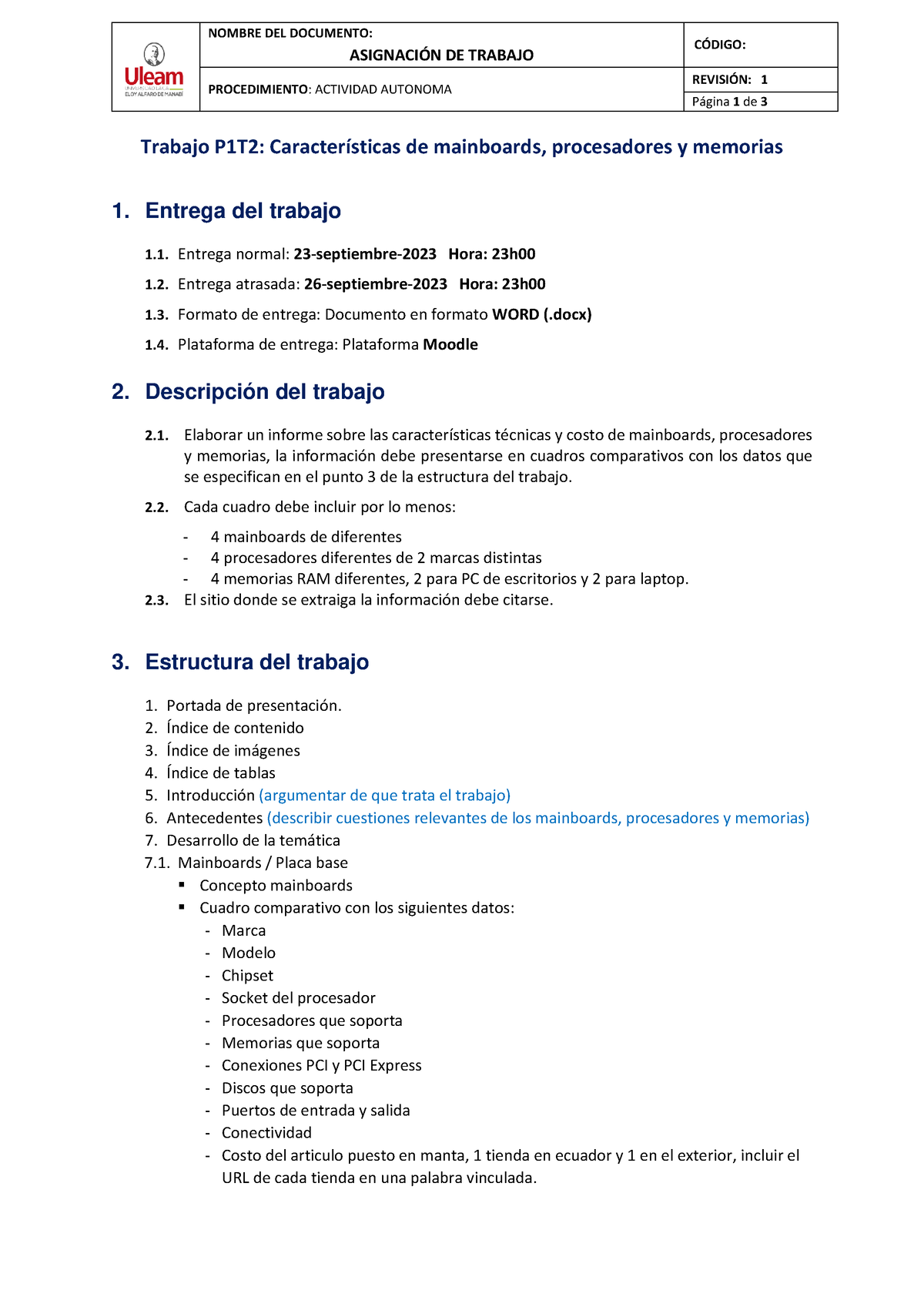 P1T2 Características Mainboard, Procesadores Y Memorías - NOMBRE DEL ...