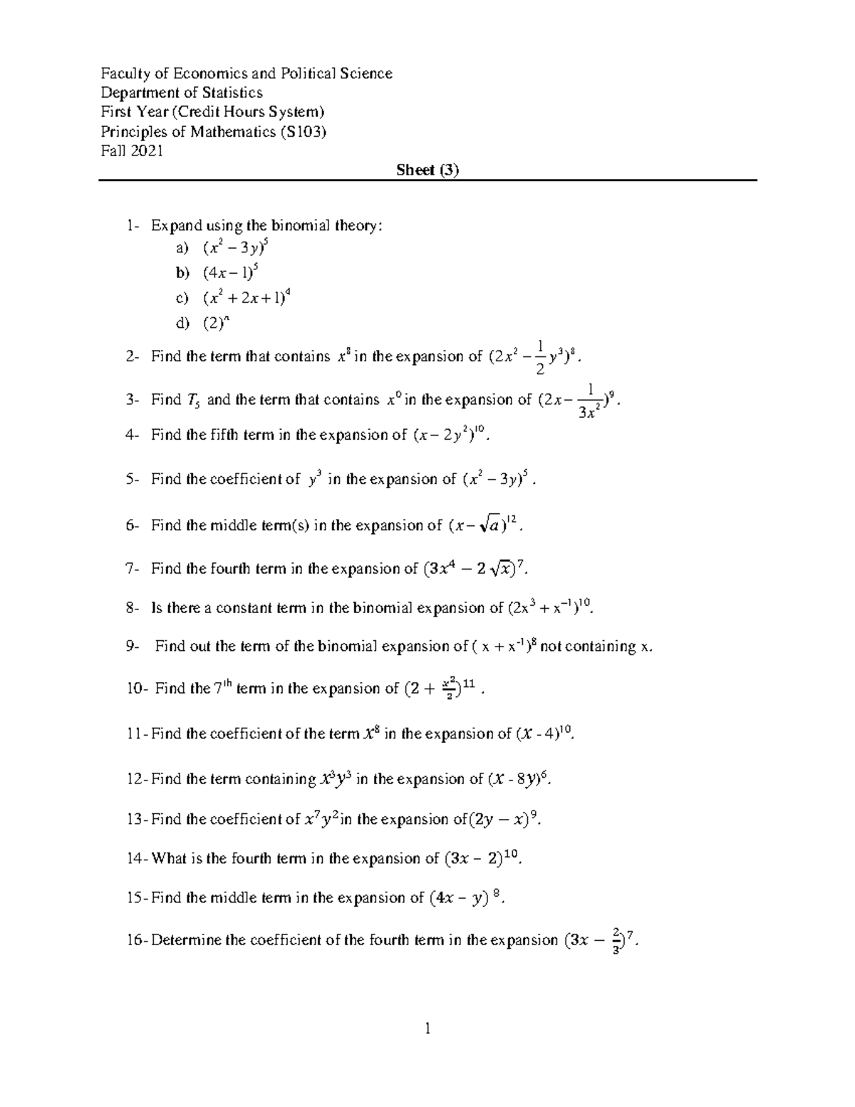 Sheet (3) - Binomial Thoerem Questions - 1 Faculty of Economics and ...