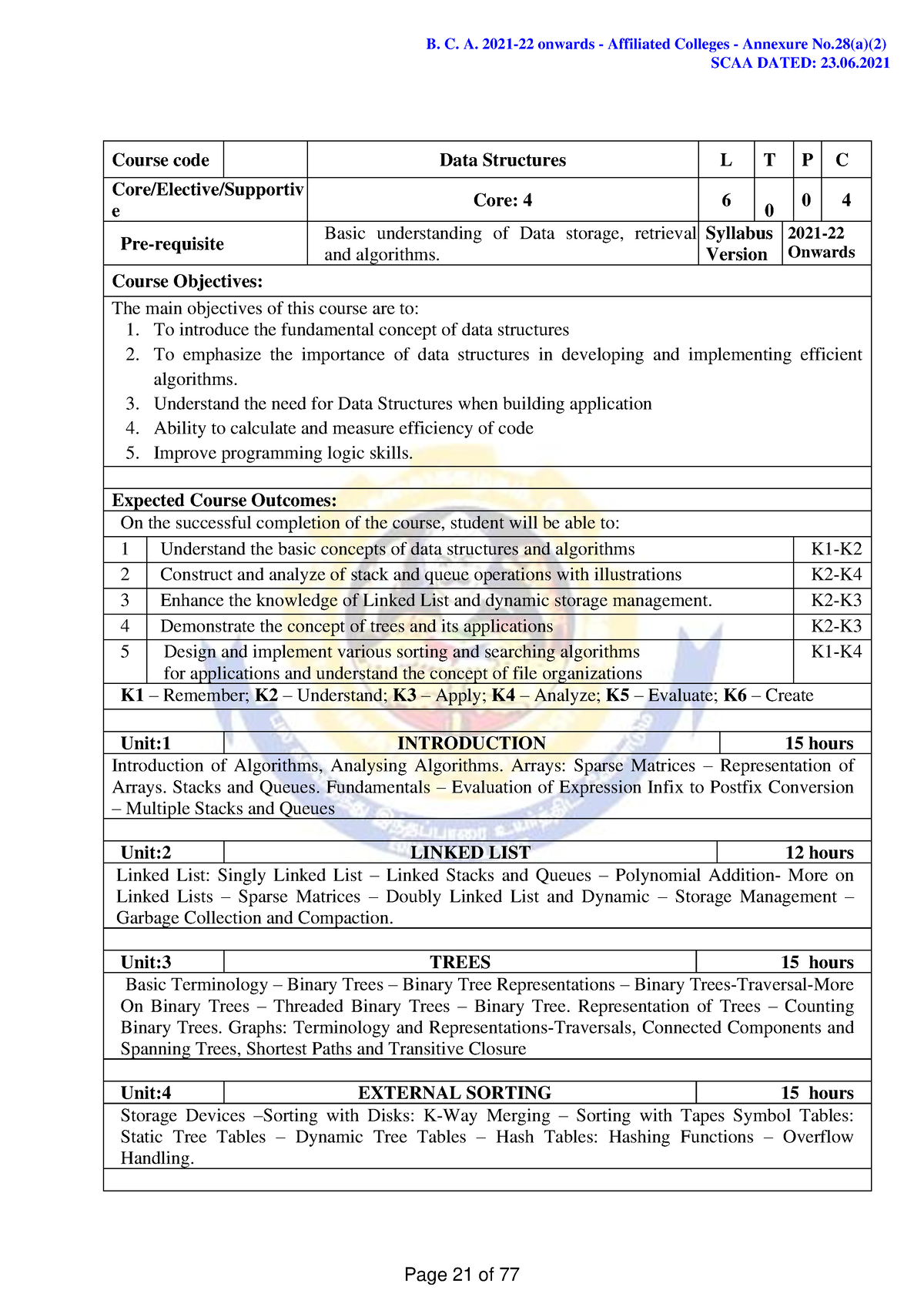 Data Structure Syllabus - Course Code Data Structures L T P C Core ...