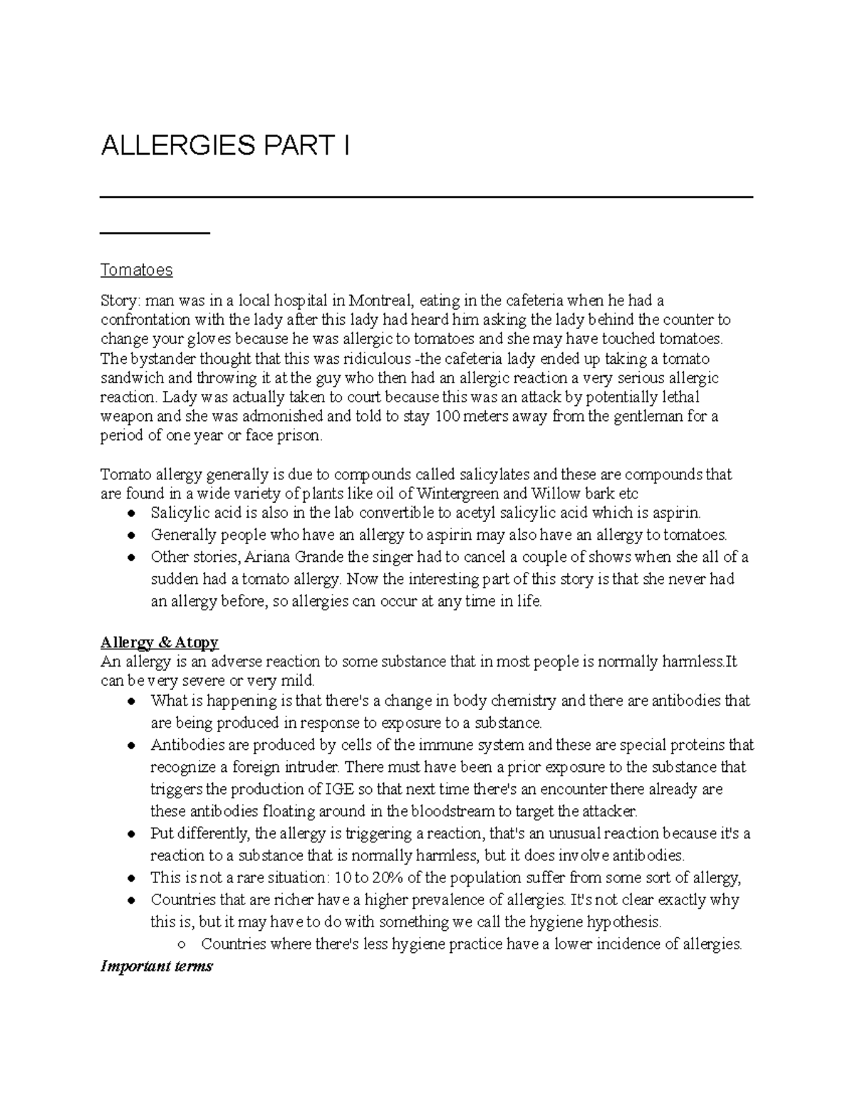 Allergies PART I - Lecture And Class Notes - ALLERGIES PART I - Studocu