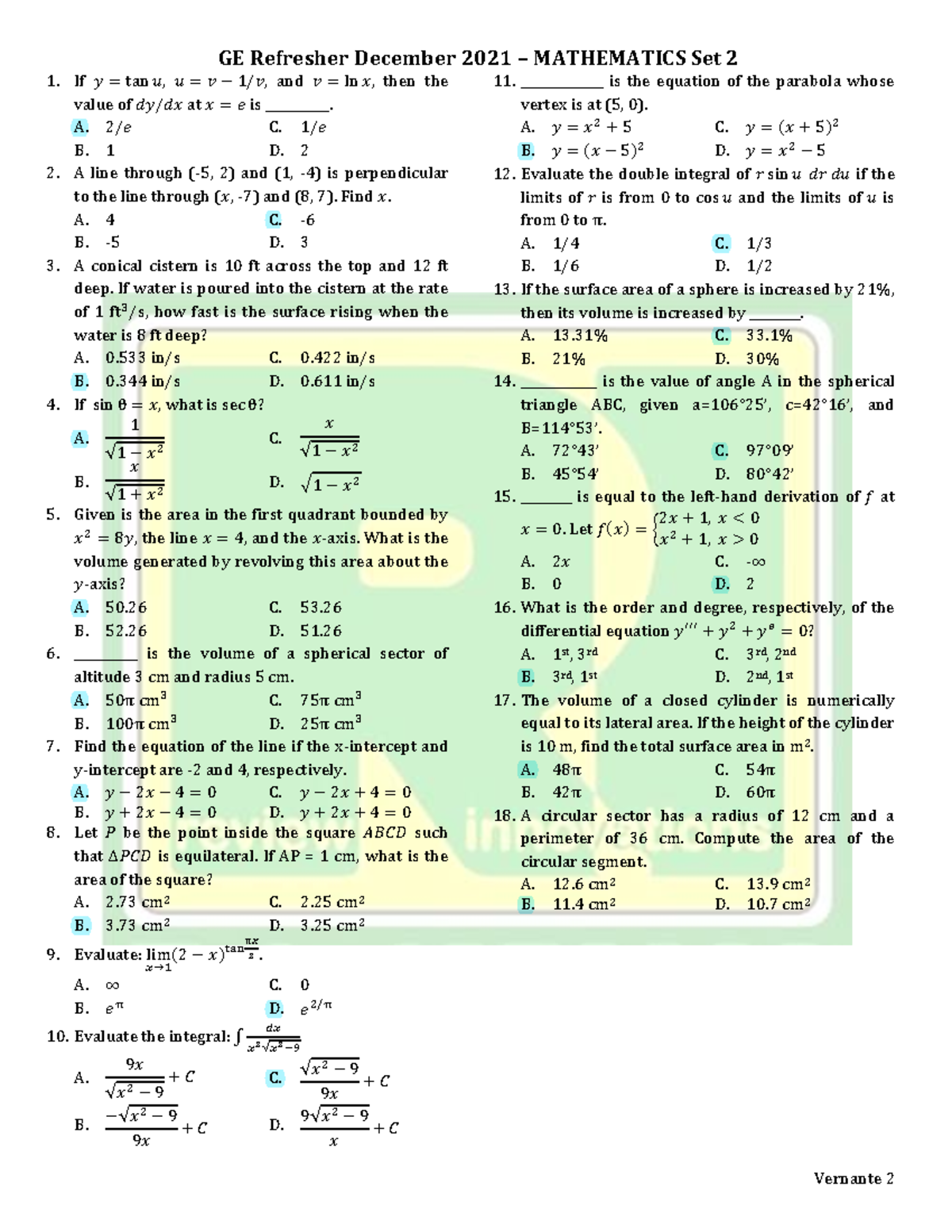 Differential Calculus 1 GE Refresher December 2021 MATHEMATICS Set