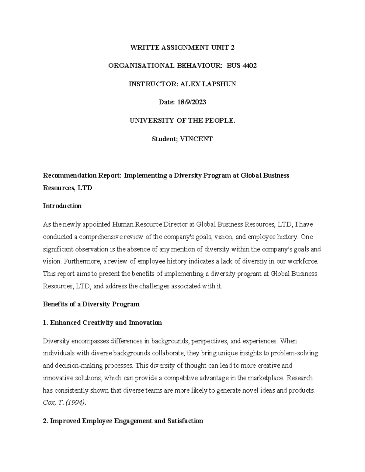 Writte Assignment UNIT 2 BUS 4402 - WRITTE ASSIGNMENT UNIT 2 ...
