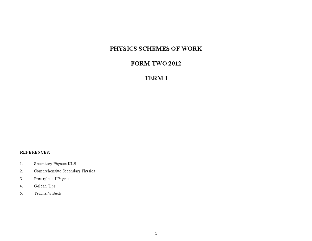 Physics Scheme Form 2 - PHYSICS SCHEMES OF WORK FORM TWO 2012 TERM I ...