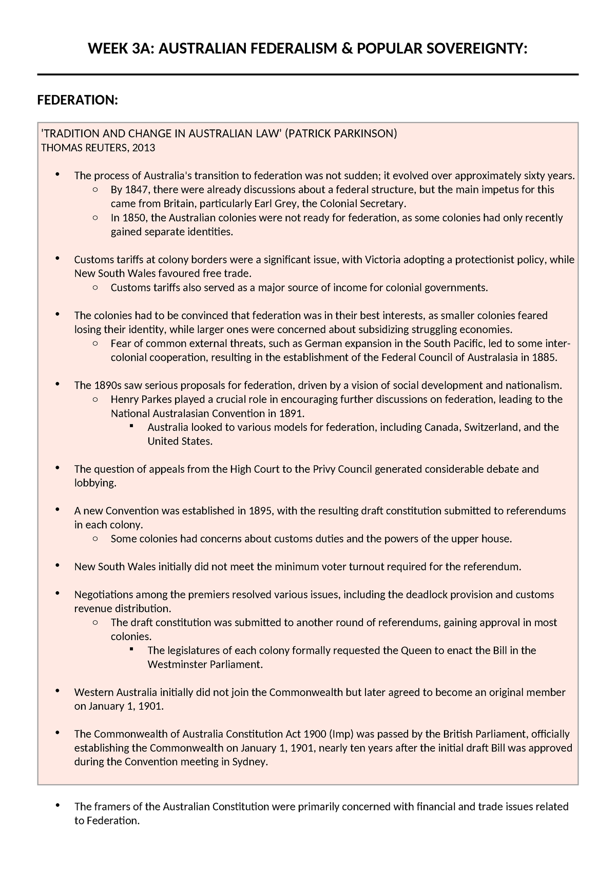 WEEK 3A LECTURE NOTES - WEEK 3A: AUSTRALIAN FEDERALISM & POPULAR ...