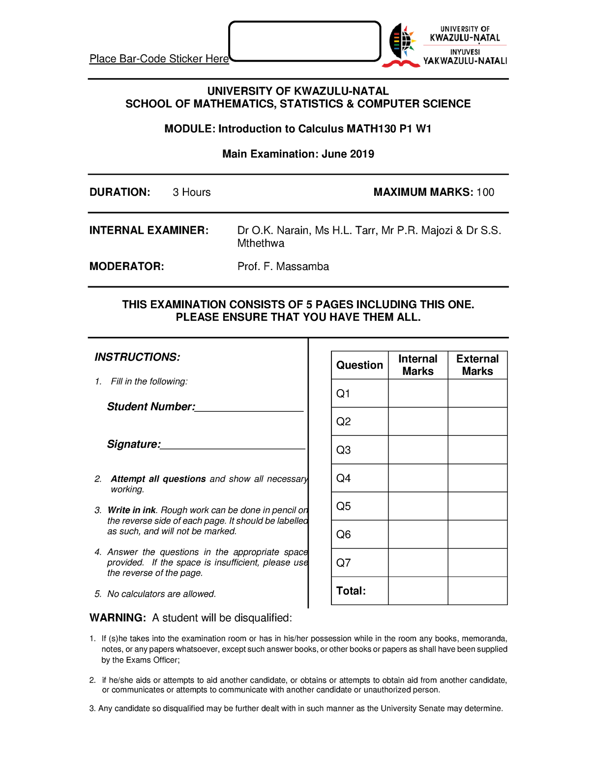 Math130P1W1 2019 June Exam - Place Bar-Code Sticker Here UNIVERSITY OF ...