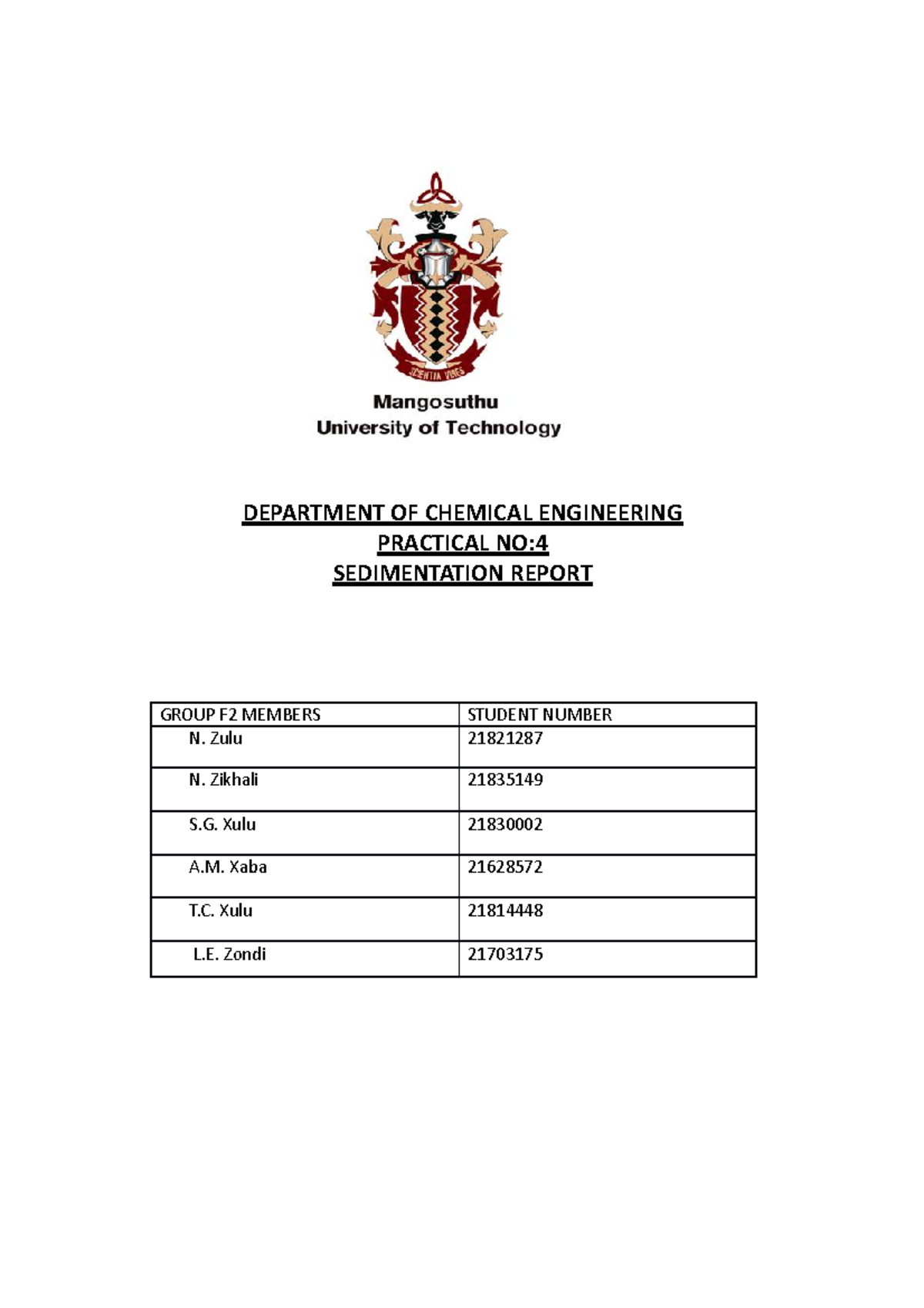 Practical report 1 DEPARTMENT OF CHEMICAL ENGINEERING PRACTICAL NO