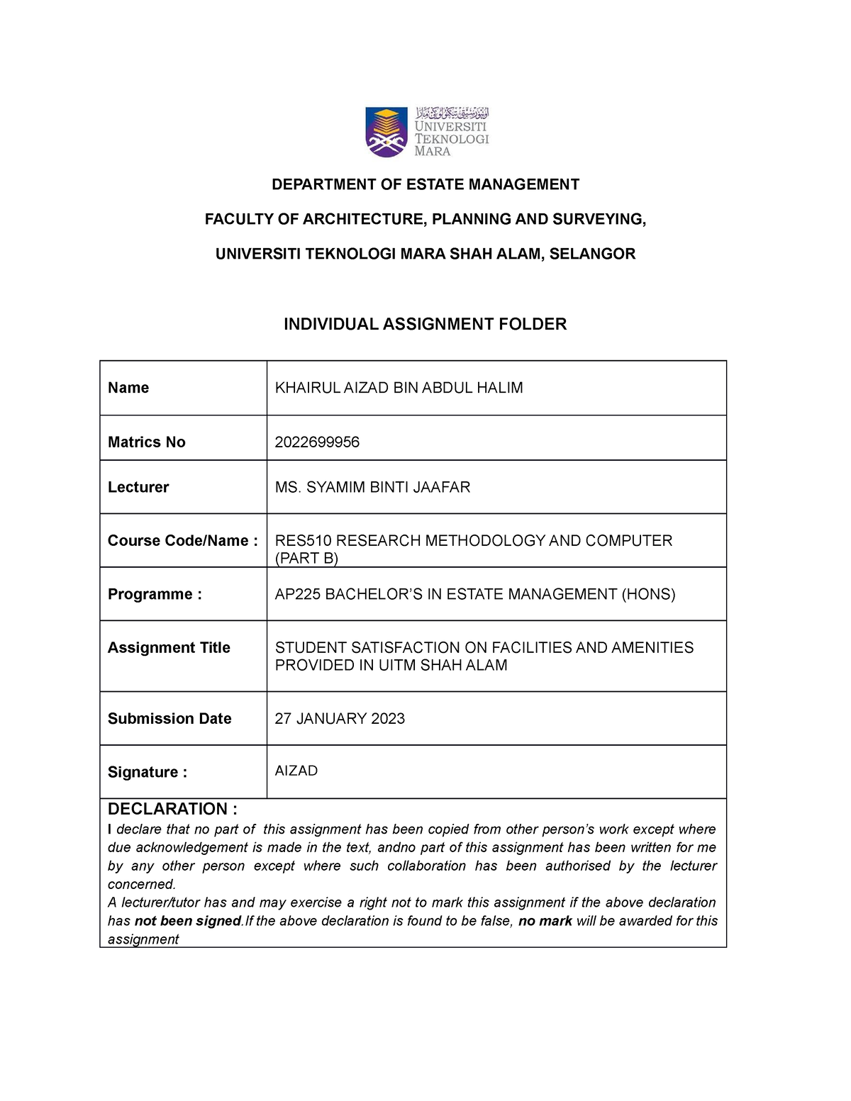 RES510 PART B Report - ### - Property Management - UiTM - Studocu