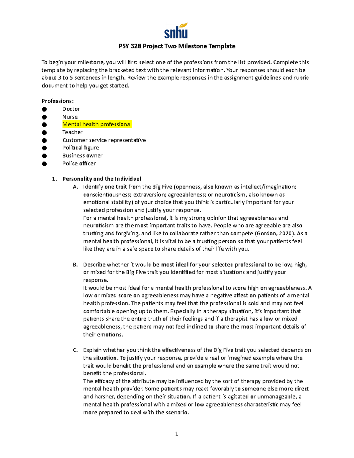 PSY 328 Project Two Milestone Template - Complete this template by ...