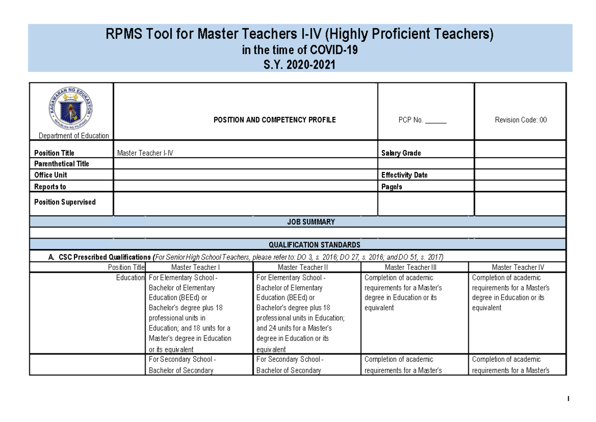 [Appendix 2] RPMS Tool for MT I-IV SY 2020-2021 in the time of Covid-19 ...