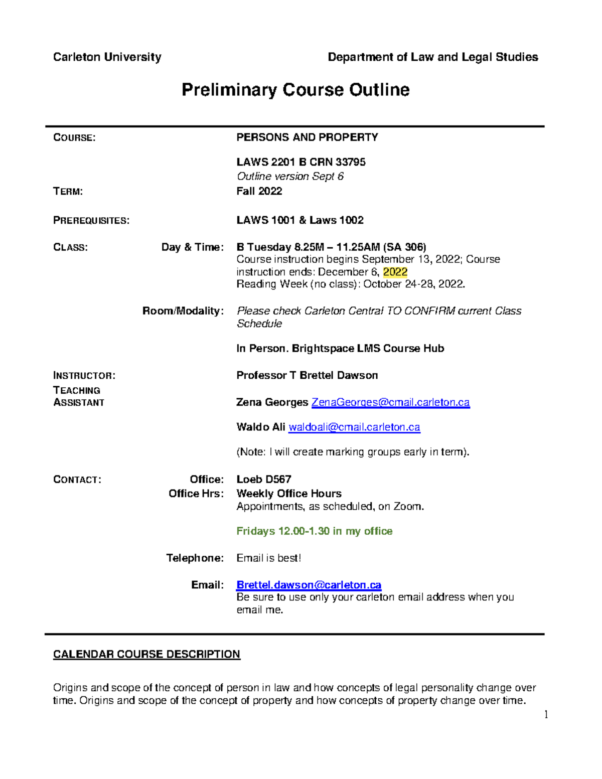 Course Outline - Fall 2022 - Carleton University Department of Law and ...