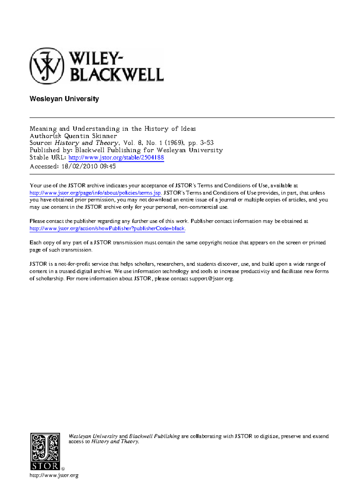 skinner meaning and understanding in hist ideas Wesleyan University Meaning and Understanding