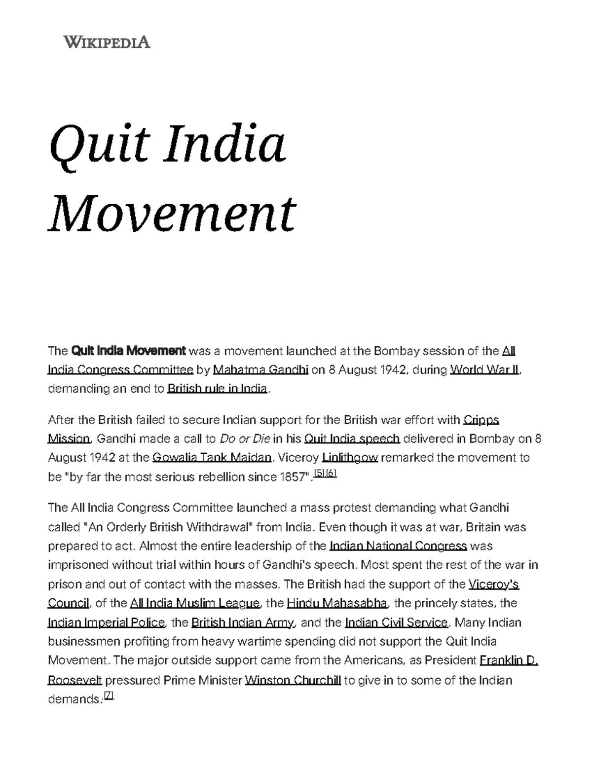 Quit India Movement - Wikipedia - Quit India Movement The Quit India ...