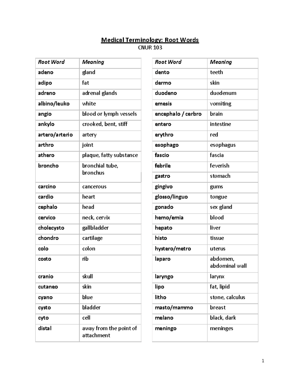 Medical Terminology - Root Words, Prefixes, Suffixes - Medical