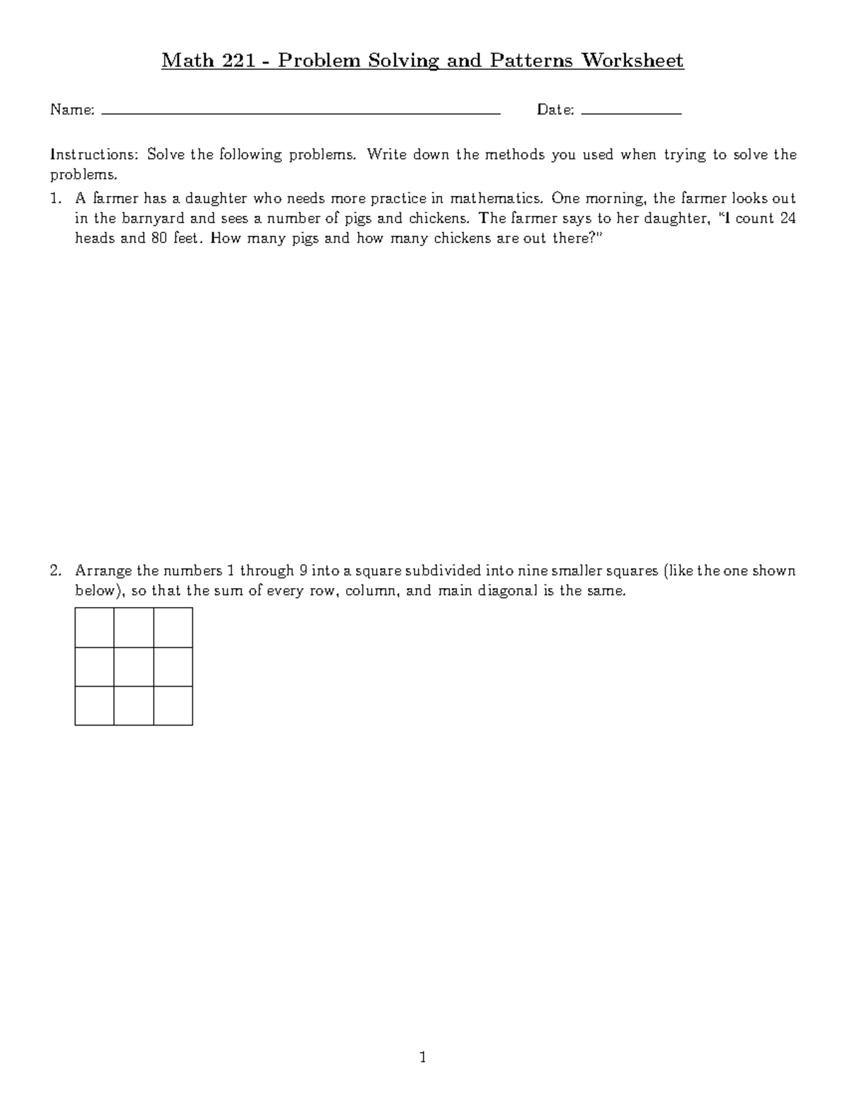 Problem Solving and Patterns Worksheet - Write down the methods you ...