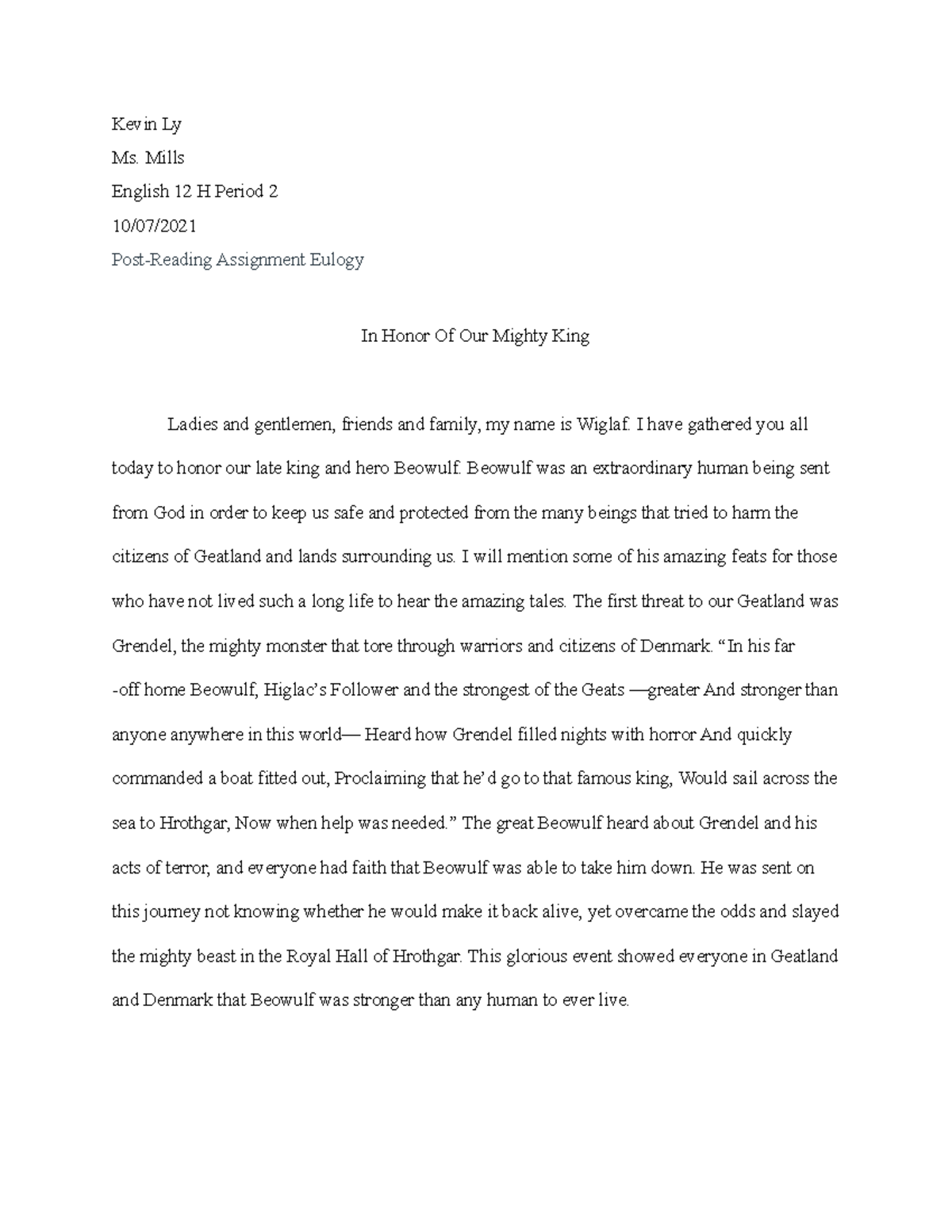 English Beowulf PostReading Assignment Eulogy Kevin Ly Ms. Mills