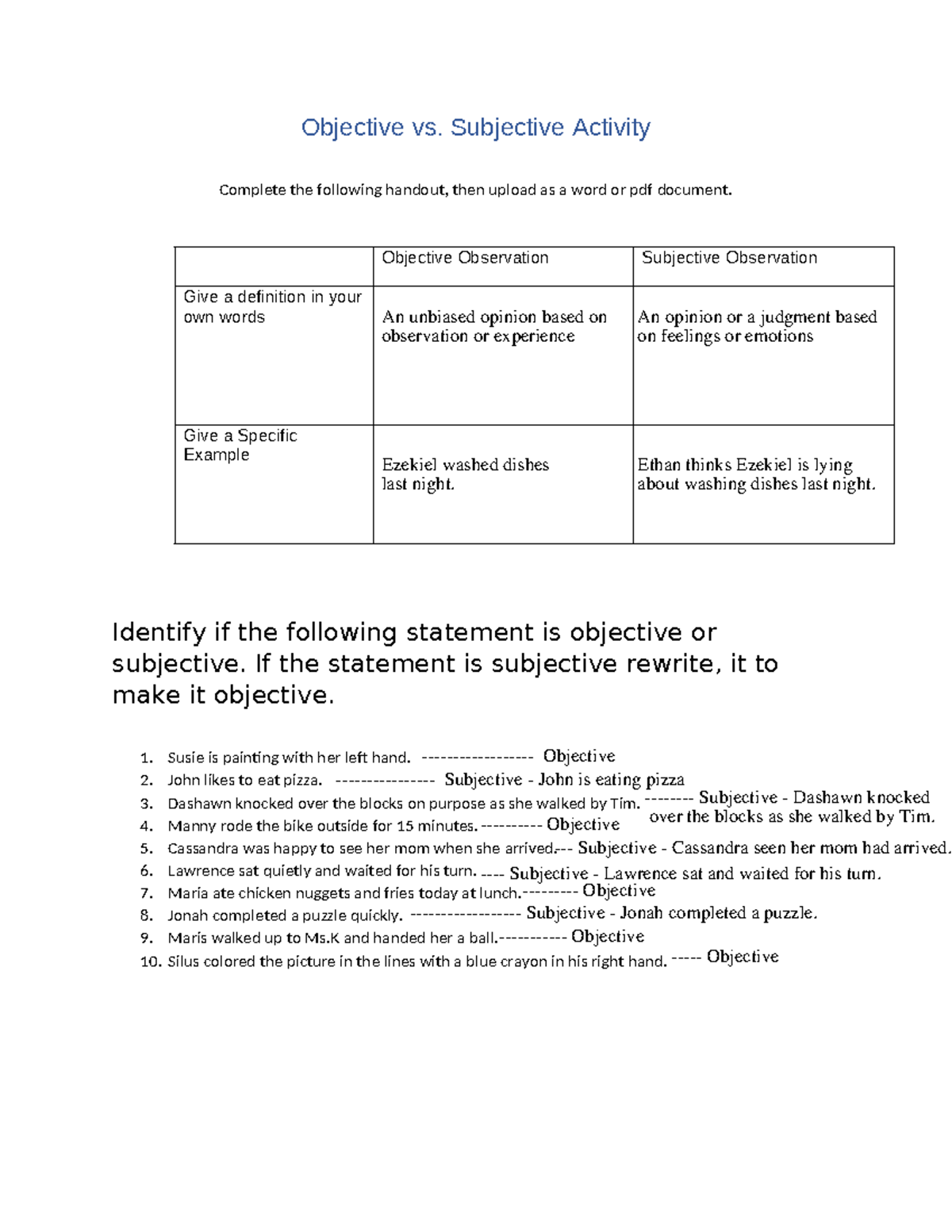 Subjective Vs. Objective Handout (1) - Objective Vs. Subjective ...