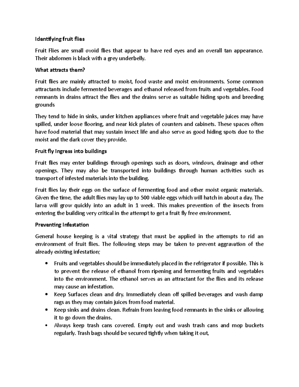 Prevention of fruit fly infestation Identifying fruit flies Fruit