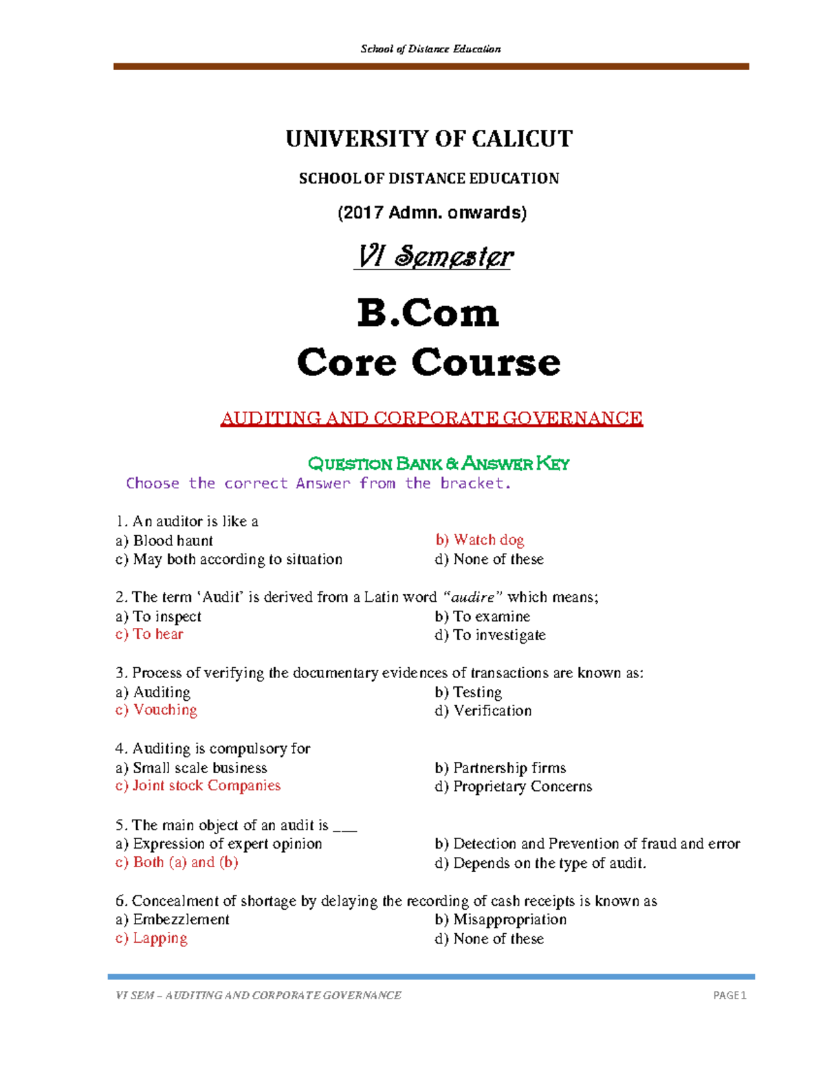 Auditing And Corporate Governance MCQ - VI SEM–AUDITING AND CORPORATE ...