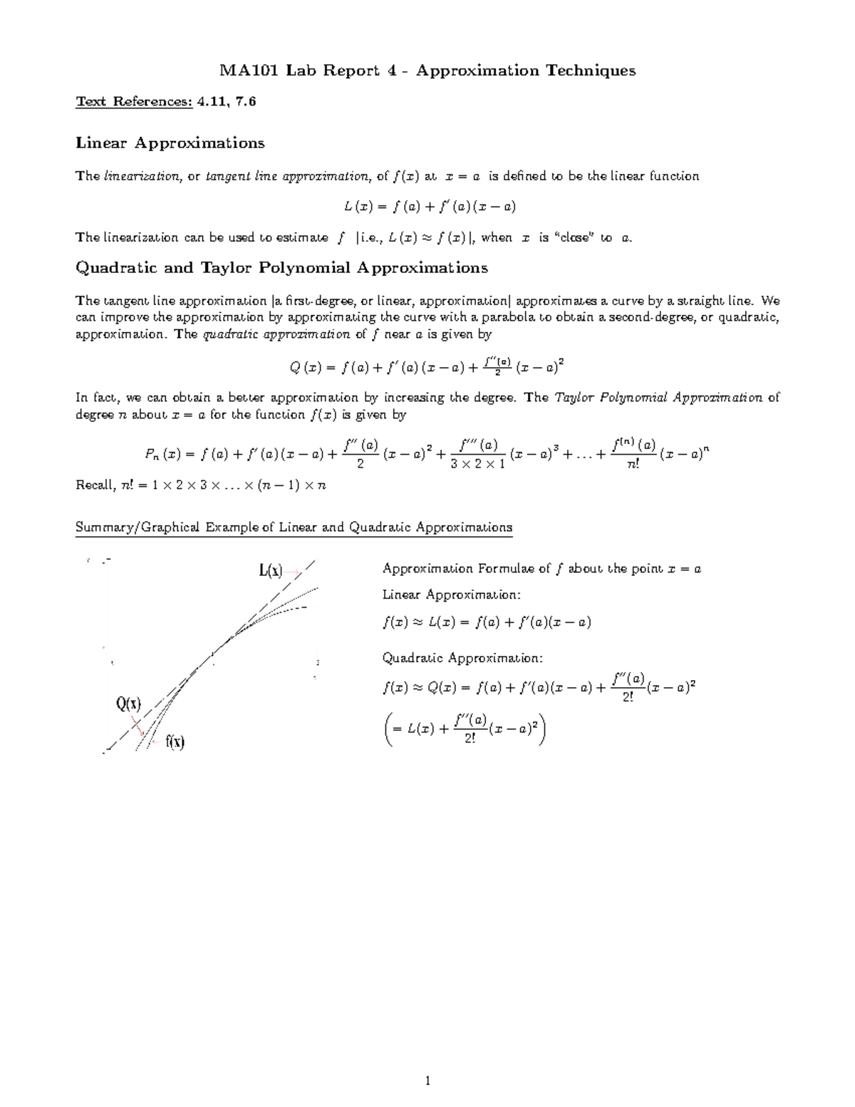 Lab 4 Notes - MA101 Lab Report 4 - Approximation Techniques Text ...