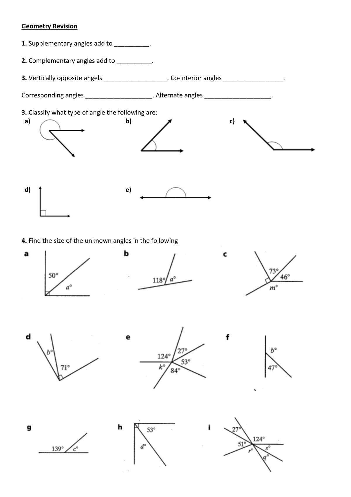 Geometry Revision - notes - Geometry Revision Supplementary angles add ...