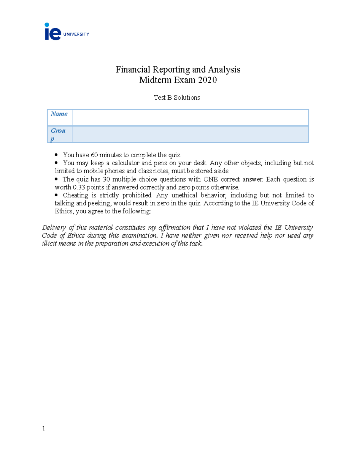 FRA Midterm Exam 2020 Solutions - Financial Reporting And Analysis ...