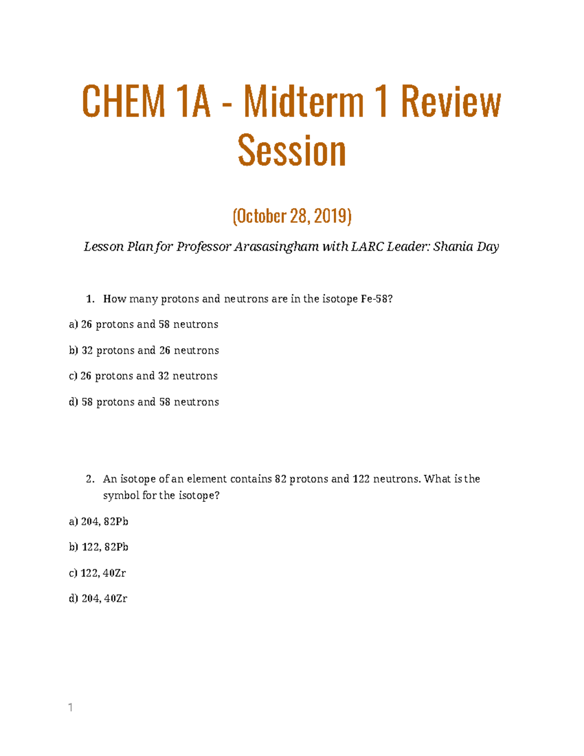 CHEM 1A Midterm 1 Review Session Practice Problems[ 10022 ] - CHEM 1A ...