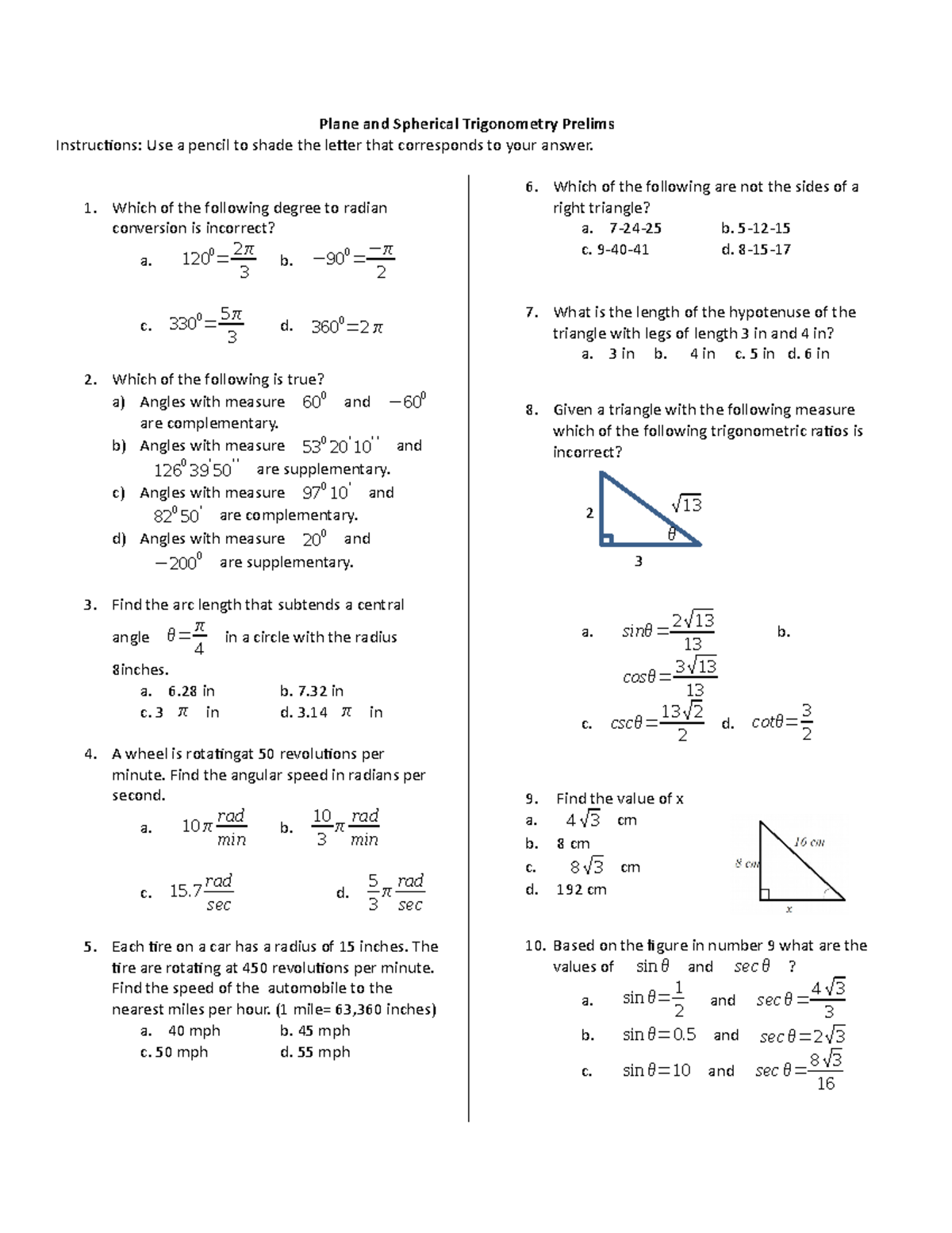 PST prelim T2 - Plane and Spherical Trigonometry - Plane and Spherical ...