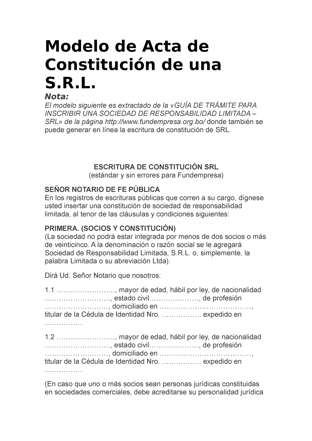 Modelo de Acta de Constitución de una S de los capitulos - Modelo de Acta  de Constitución de una - Studocu