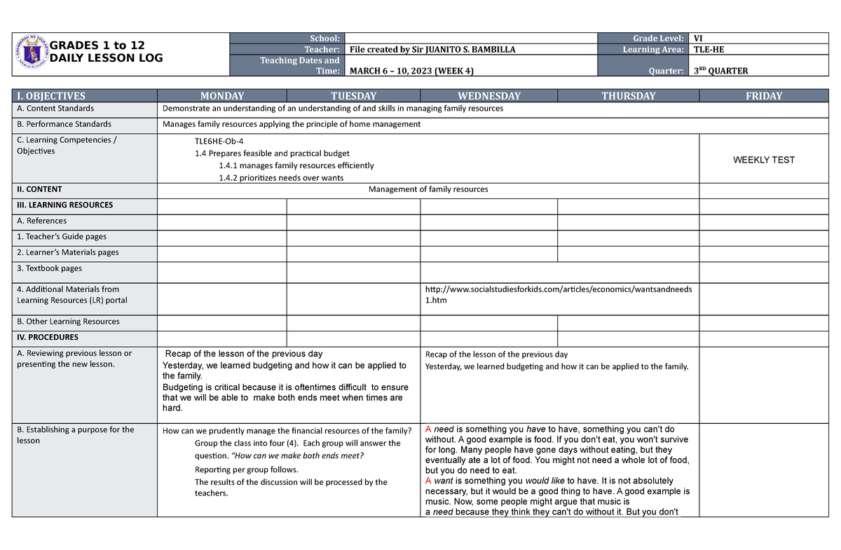 DLL TLE-HE 6 Q3 W4 - DLL TLE-HE - GRADES 1 To 12 DAILY LESSON LOG ...