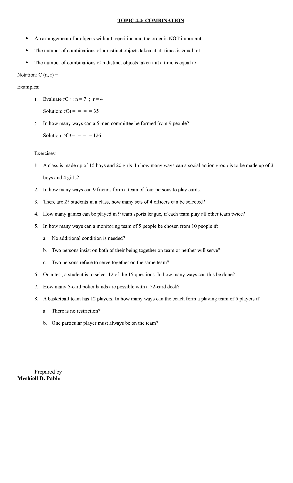 Topic 4.4 Combination - mathematics - TOPIC 4: COMBINATION An ...