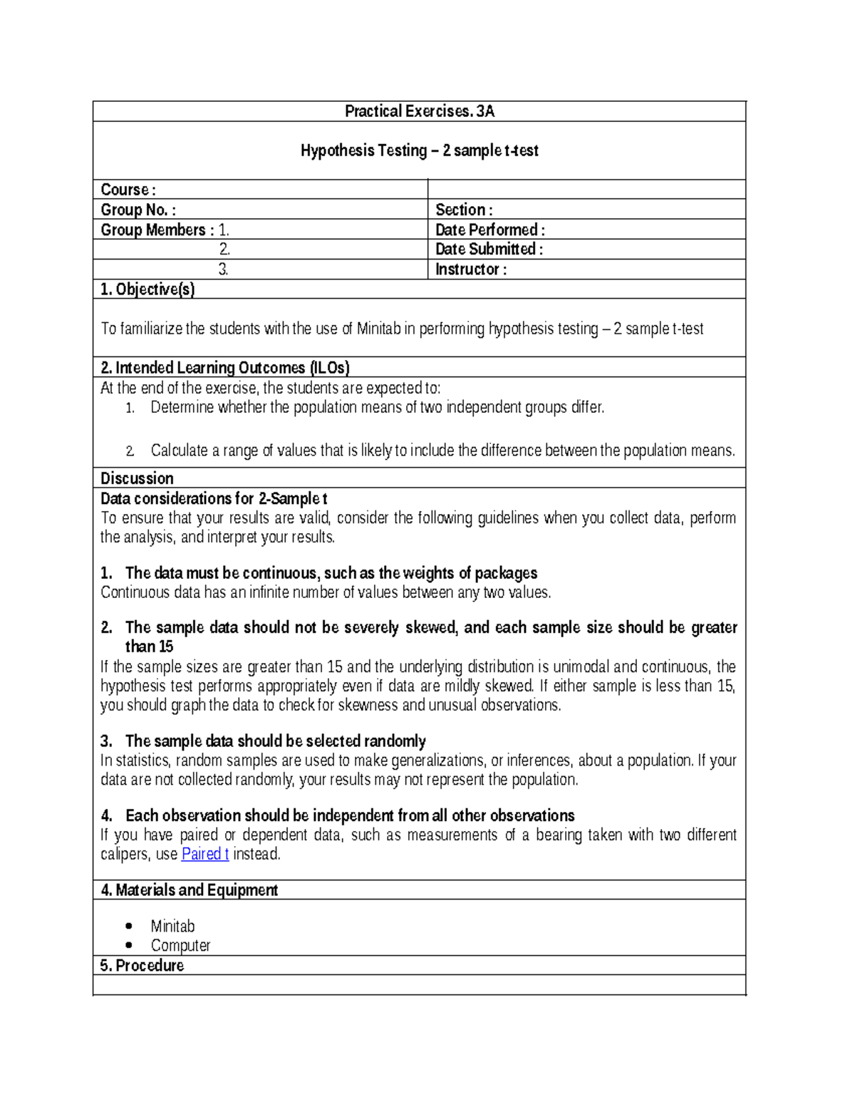 Practical Exercises 3A - 3A Hypothesis Testing – 2 sample t-test Course ...