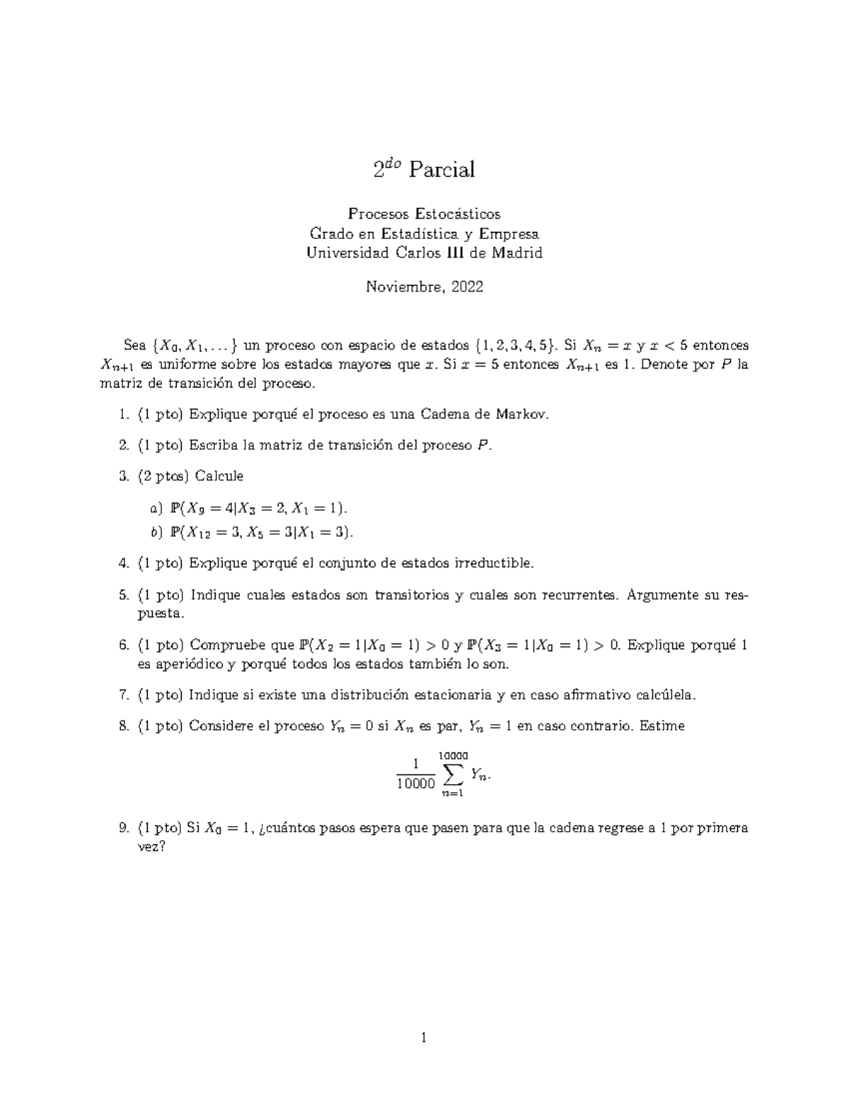 Parcial 2 De Procesos Est. - 2 Do Parcial Procesos Estoc ́asticos Grado ...