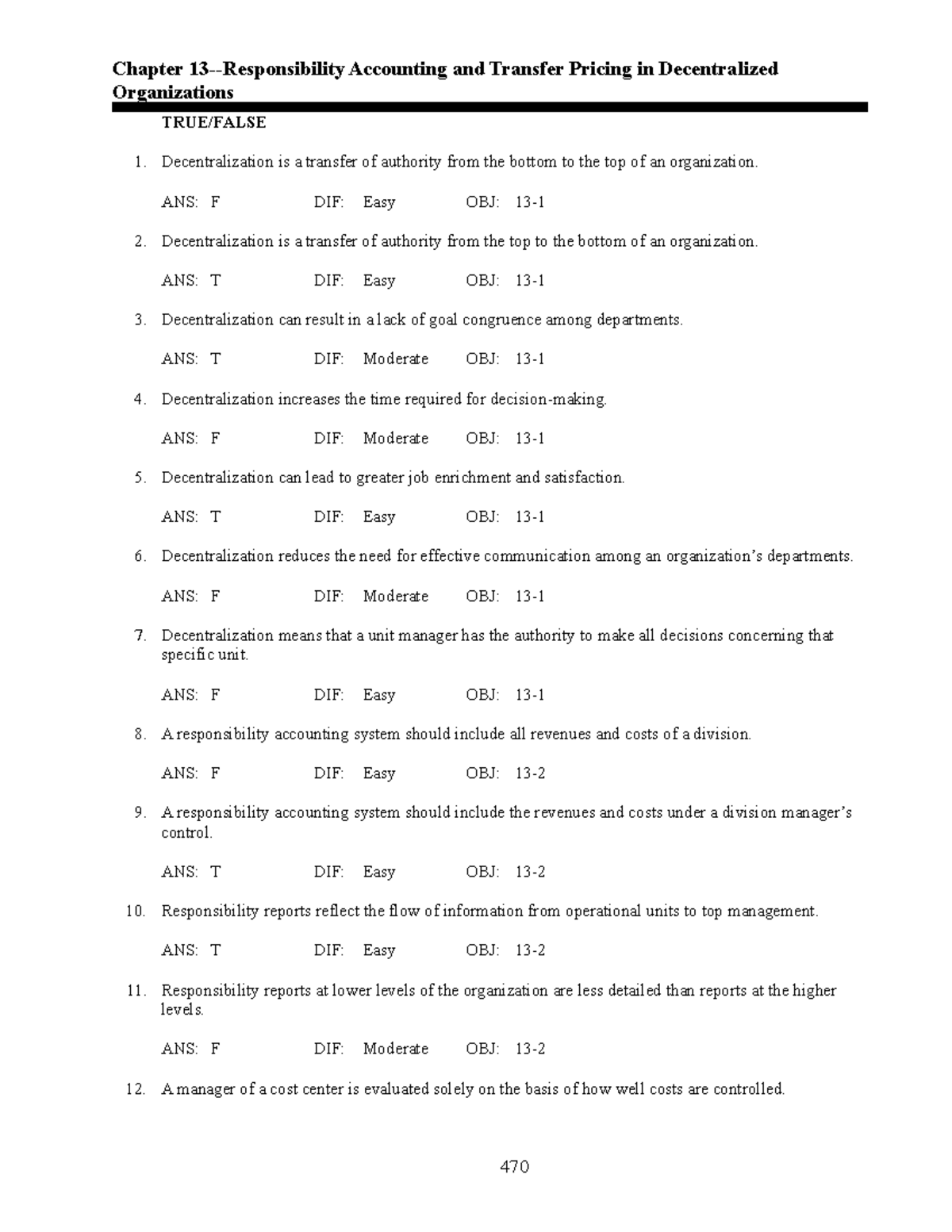 Responsibility Accounting Test Bank - Chapter 13-Responsibility ...