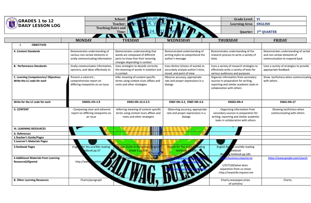 DLL English 6 Q3 W6 - GRADES 1 To 12 DAILY LESSON LOG School: Baliwag ...