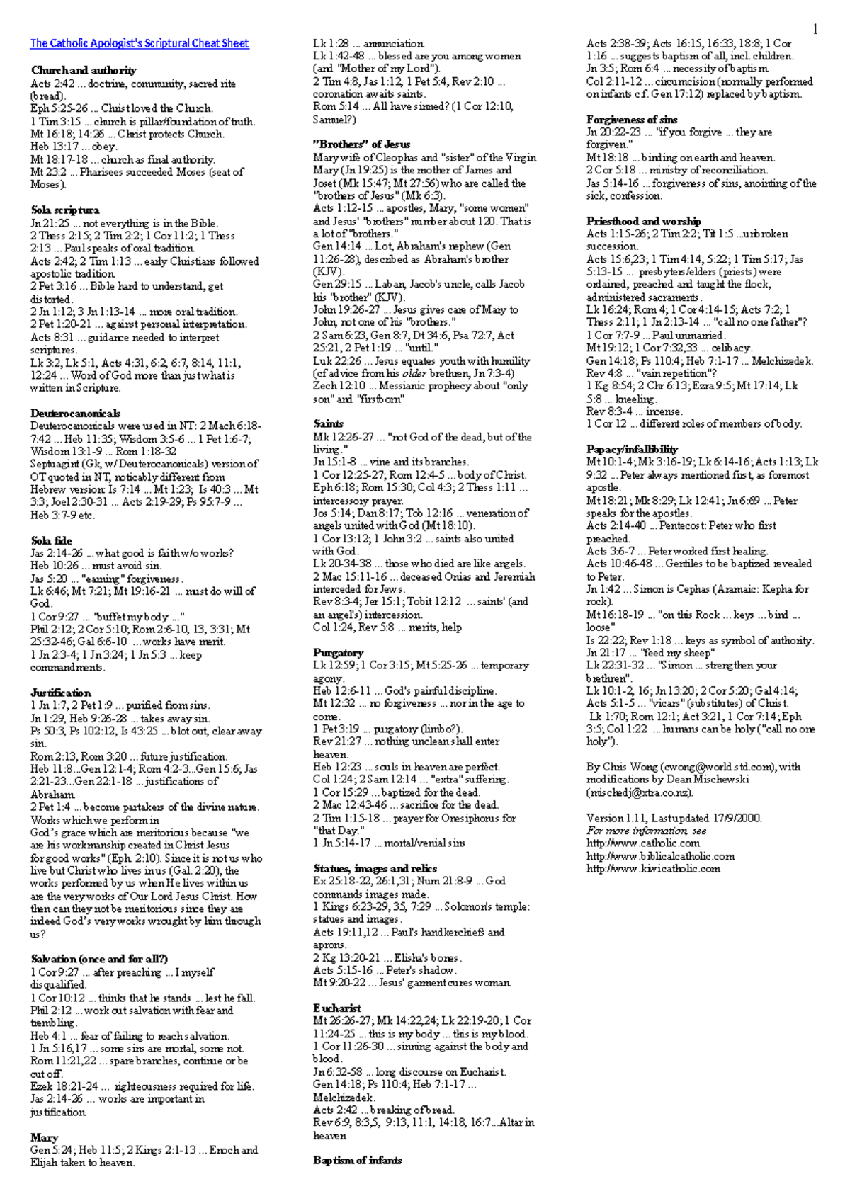 Catholic Cheat Sheet - The Catholic Apologist’s Scriptural Cheat Sheet ...