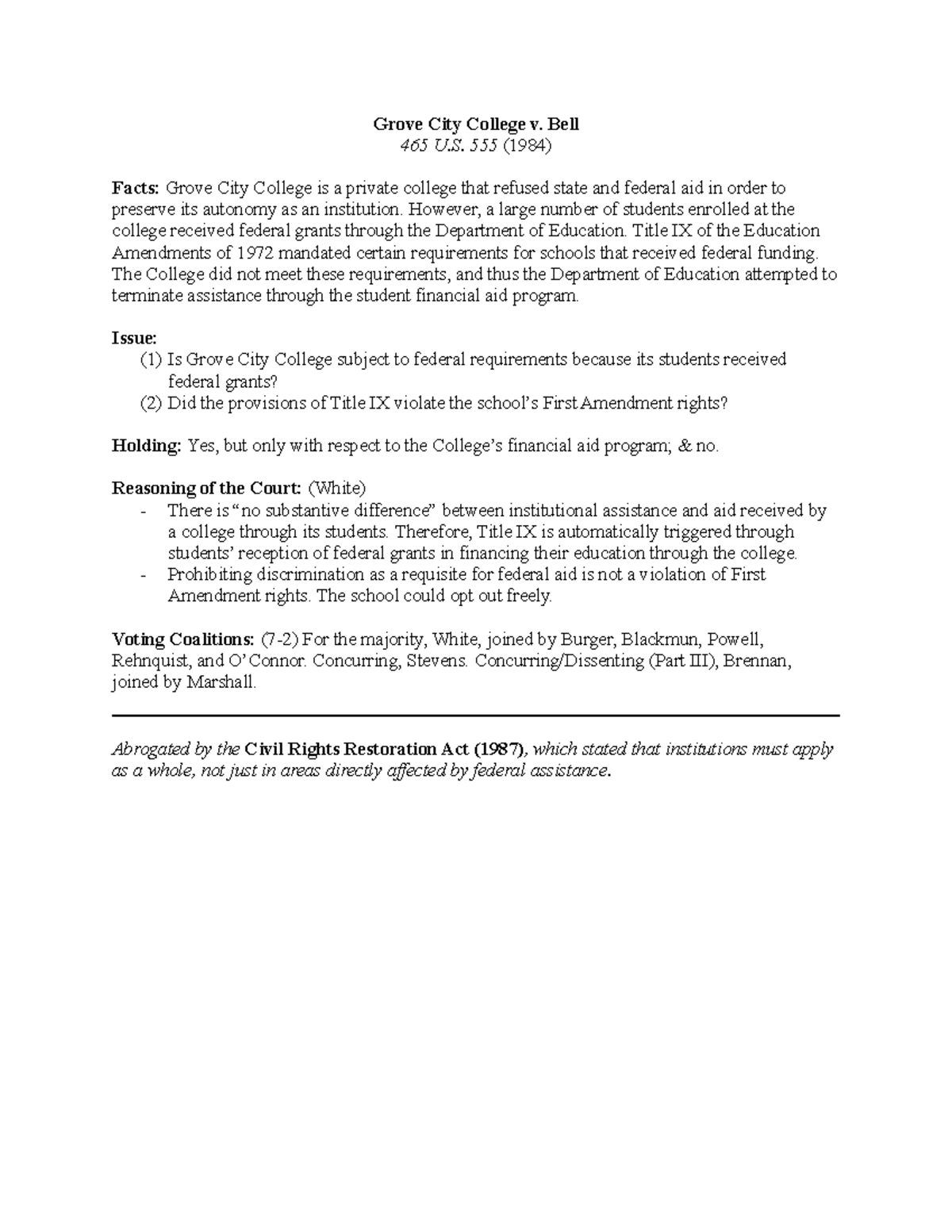 Case Brief/Notes Grove City College vs Bell Grove City College v