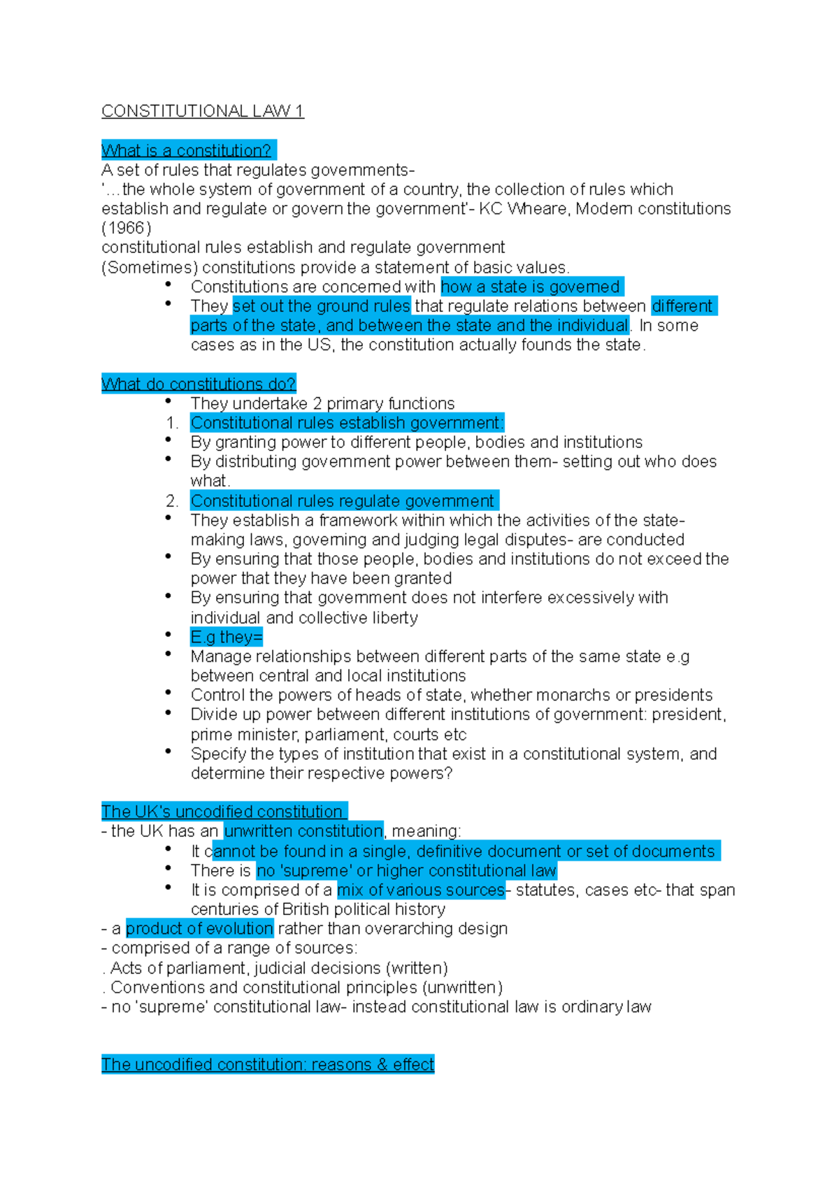 All constitutional lecture notes - CONSTITUTIONAL LAW 1 What is a ...