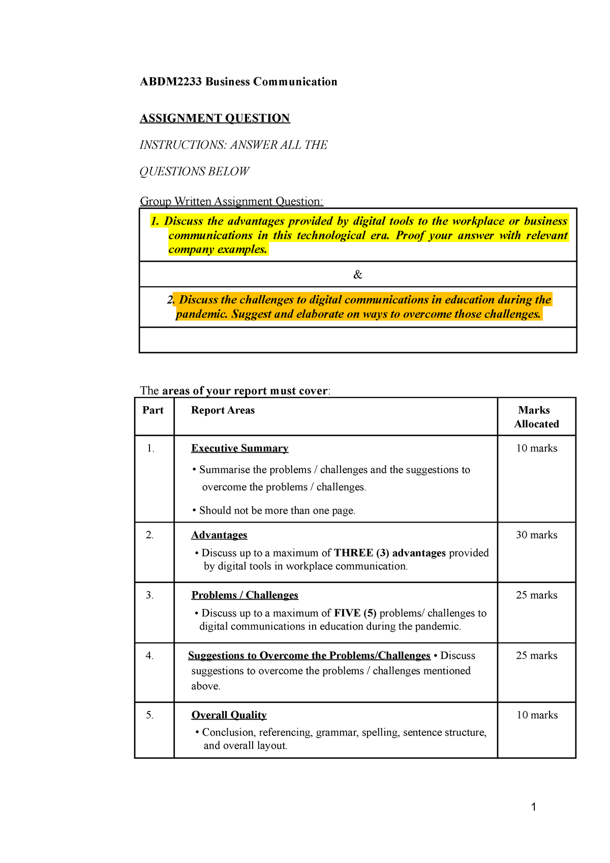 business communication assignment questions