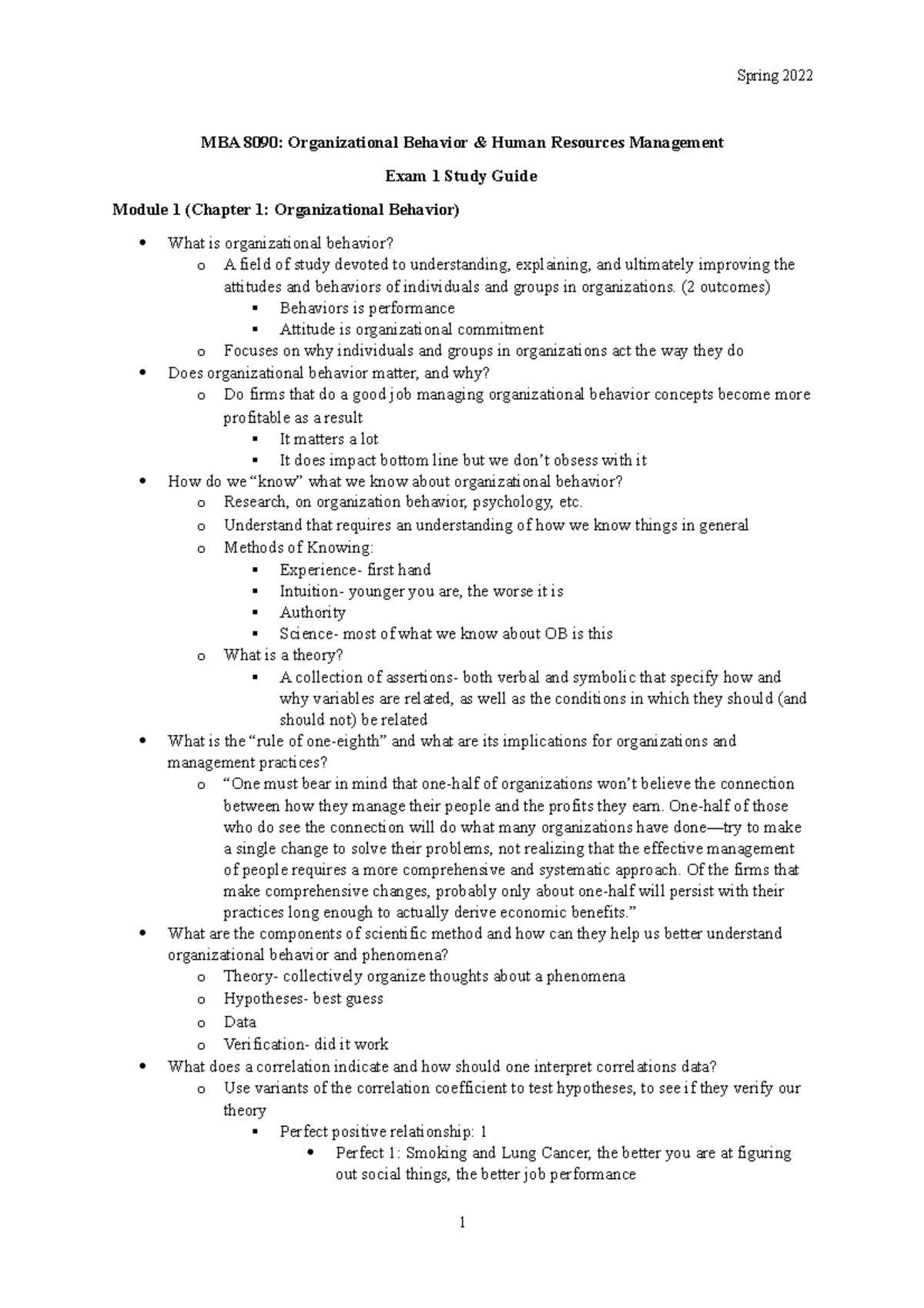 MBA OB Study Guide Exam 1 MBA 8090 Organizational Behavior & Human