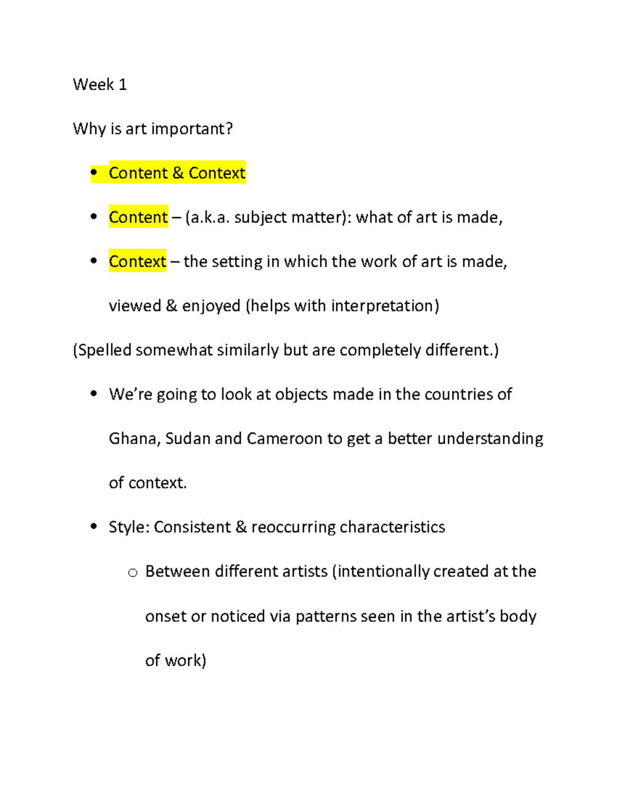 Week 1 notes Week 1 Why is art important? Content & Context Content (a.k. subject Studocu