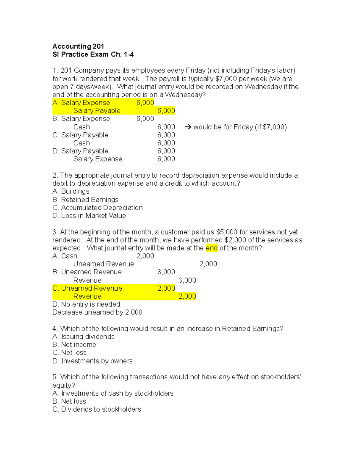 Acct 201 Unit 1 Review With Answer Key - Accounting 201 SI Practice ...