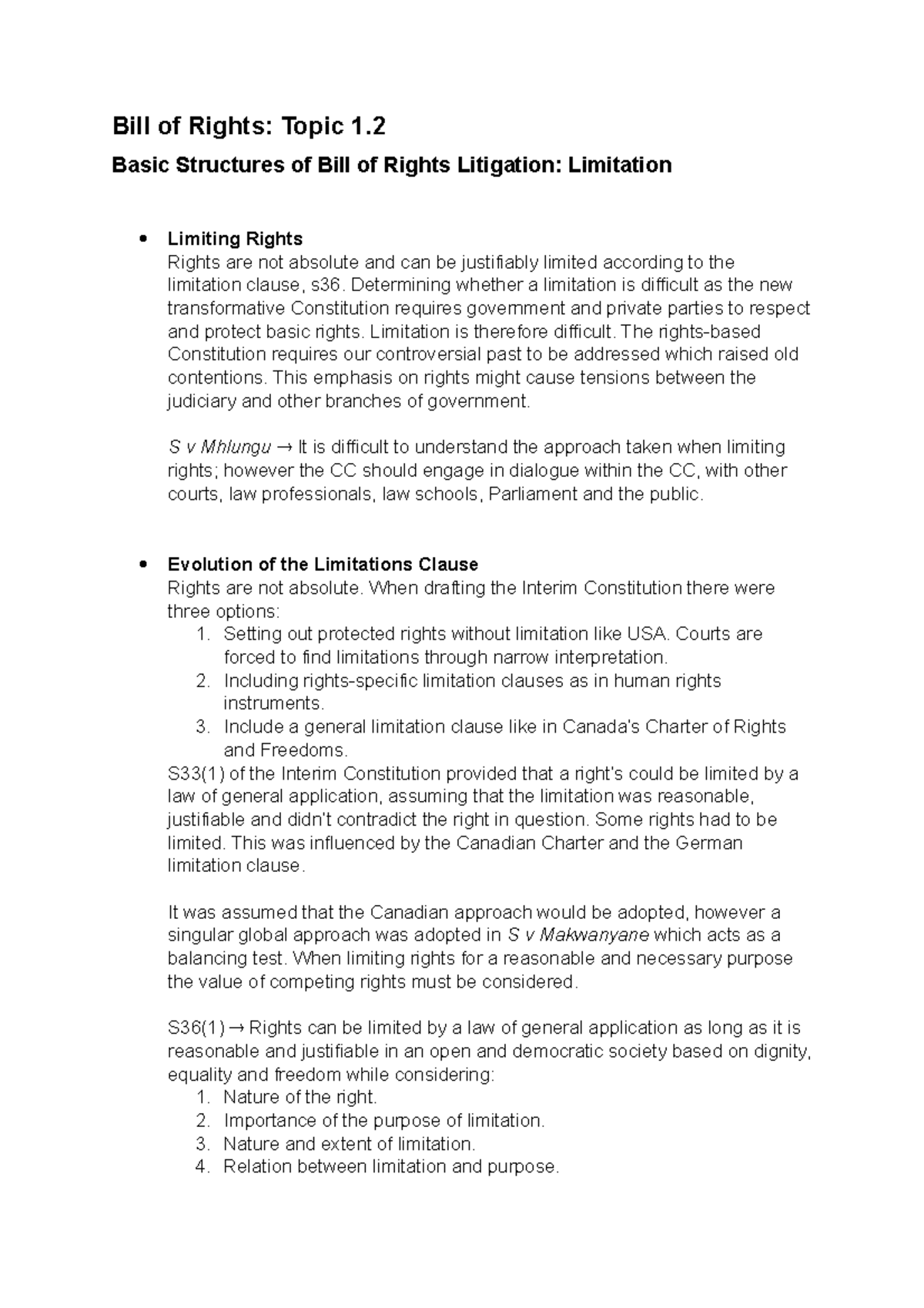 Constitutional law: Bill of Rights lecture notes and case summaries ...