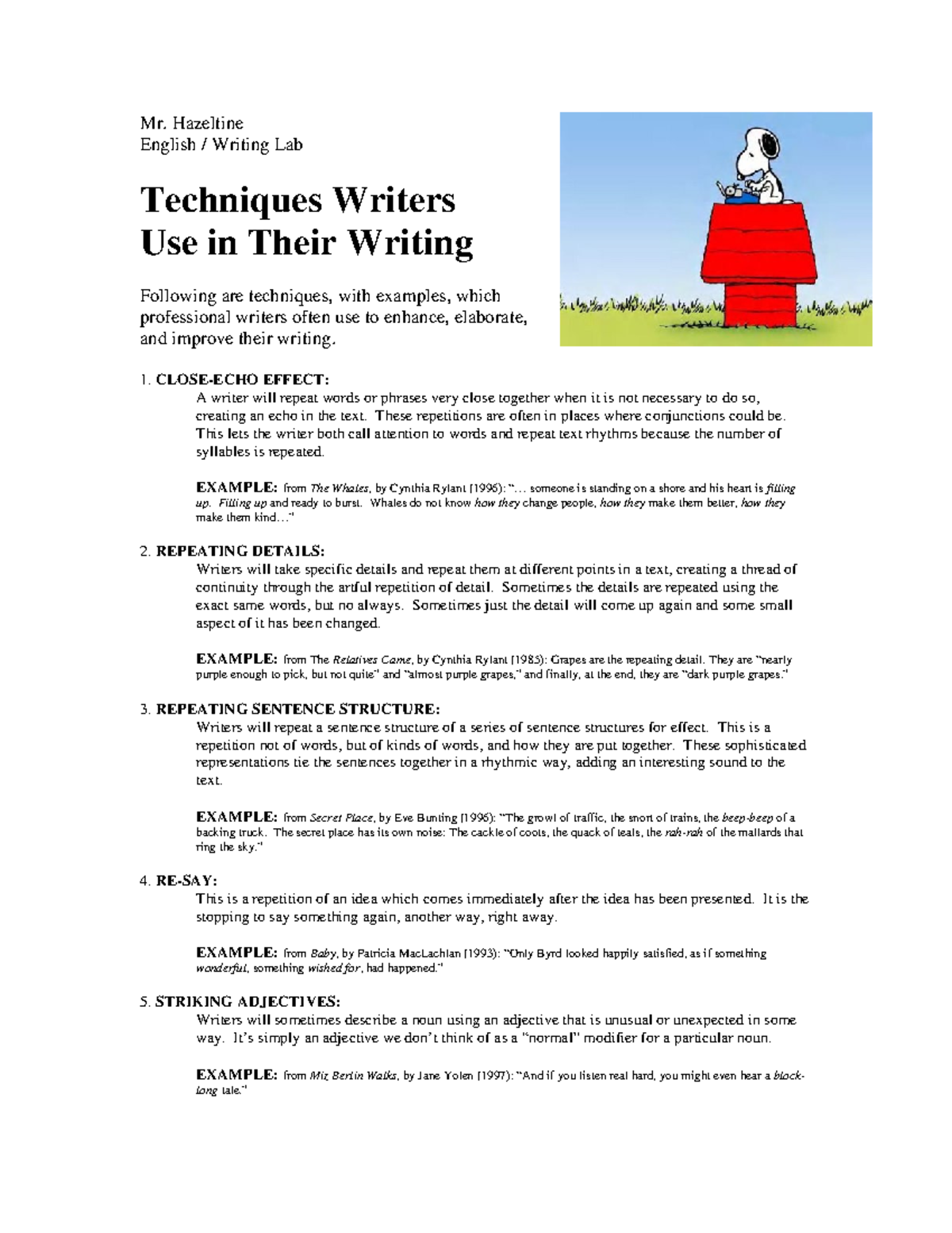 Techniques of Writers - Summarized Notes and structured responses to ...