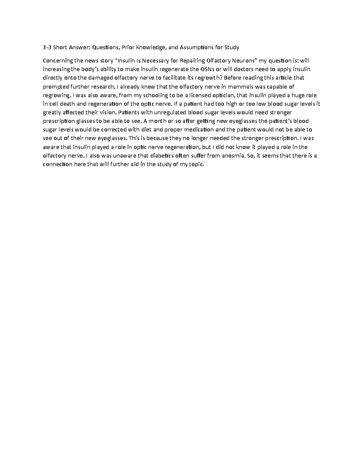 3-3 Short Answer Questions, Prior Knowledge, and Assumptions for Study ...
