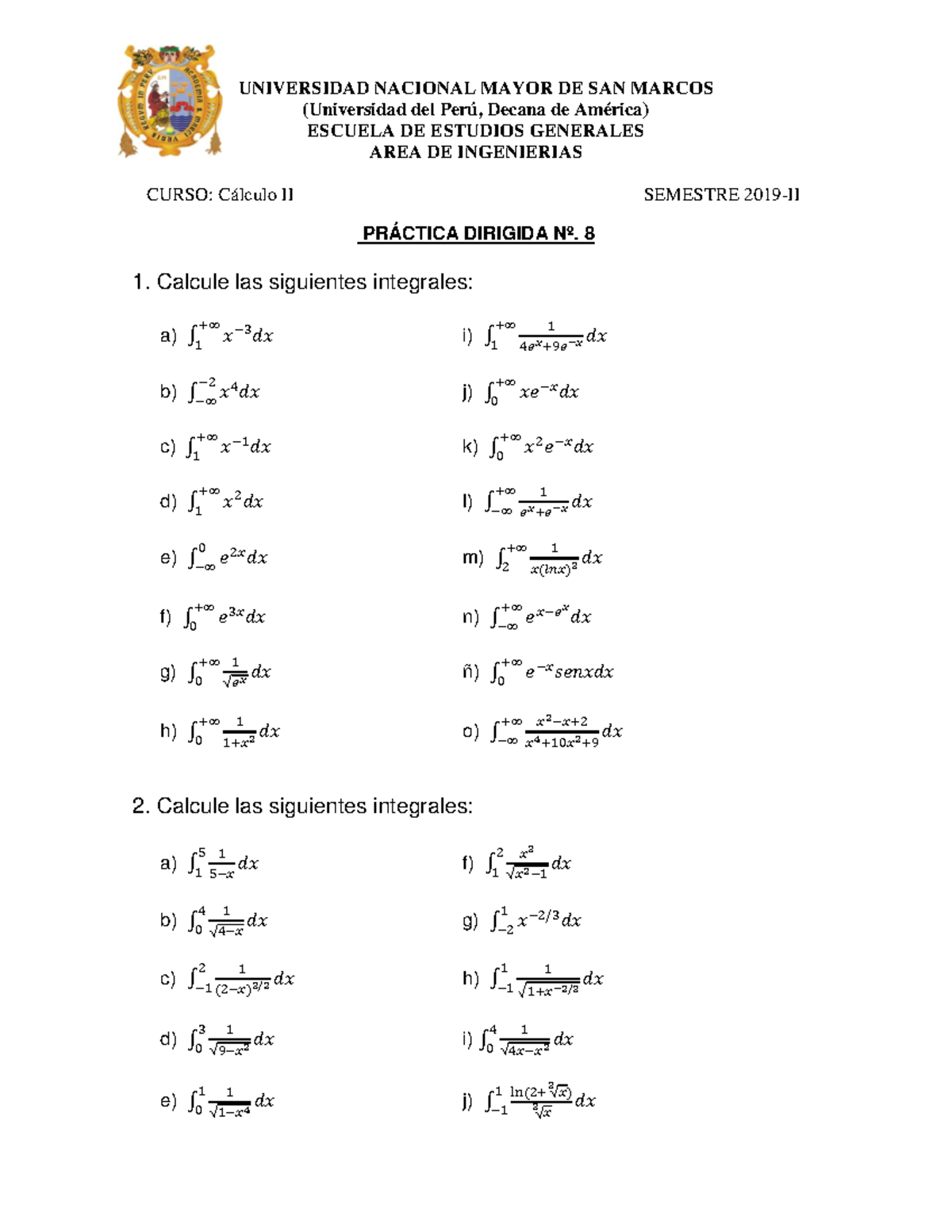 Práctica Dirigida 8 Calculo II - Universidad Nacional Mayor De San ...