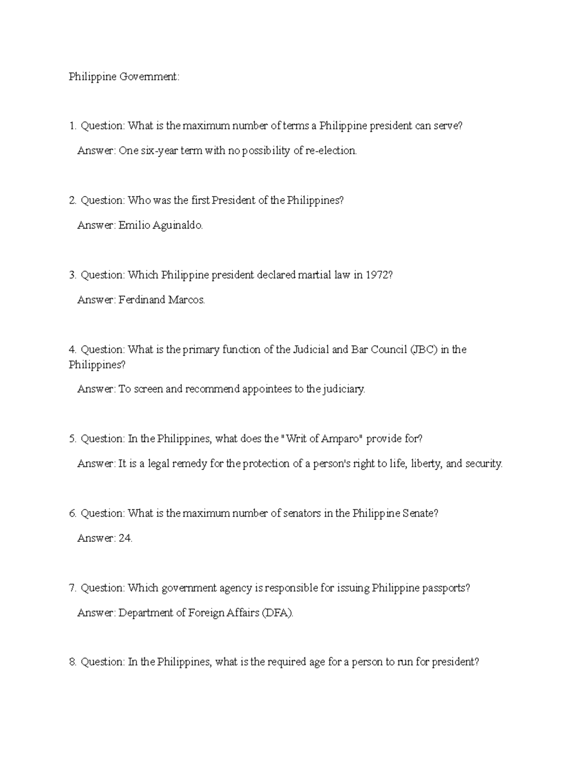 QA sample for quiz bowl Philippines history questions and answers