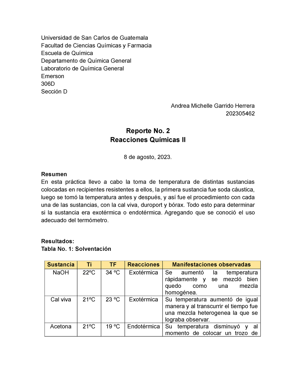 Reporte No. 2, Reacciones Químicas II - Química General II - USAC - Studocu