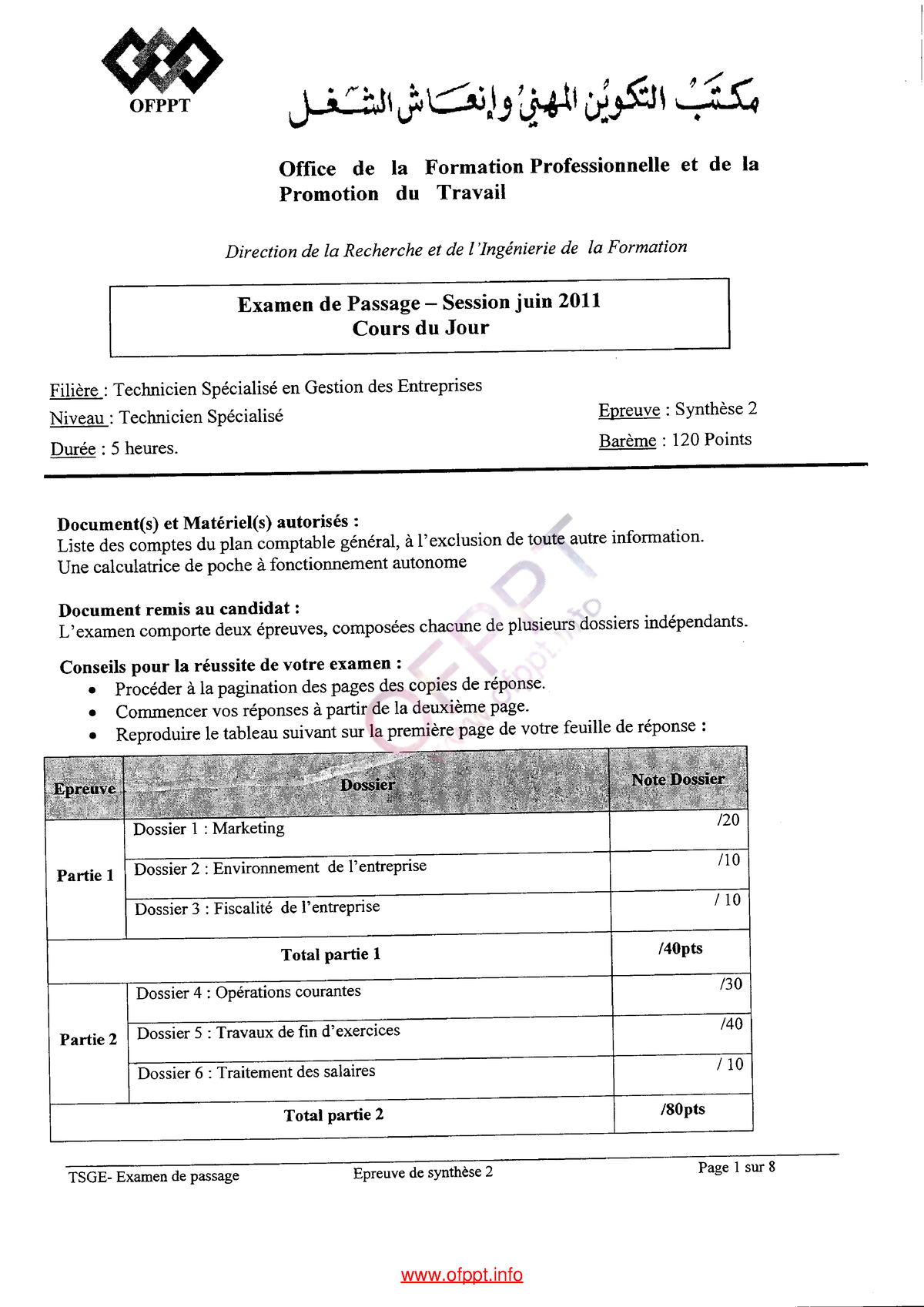 Examen De Passage Gestion Des Entreprises Tsge Synthese 2011 V2 Ofppt ...